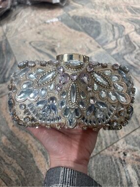 Embellished Crystal Clutch Bag in Pale Blue and Silver